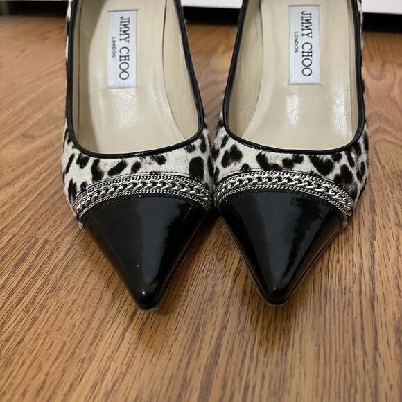 JIMMY CHOO Leopard Fur spotted Patent Point toe Pumps size 37.5 - Picture 10 of 11